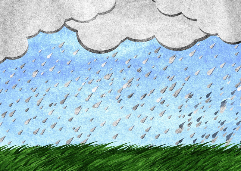 Piirroskuva pilvistä, sateesta ja nurmikosta