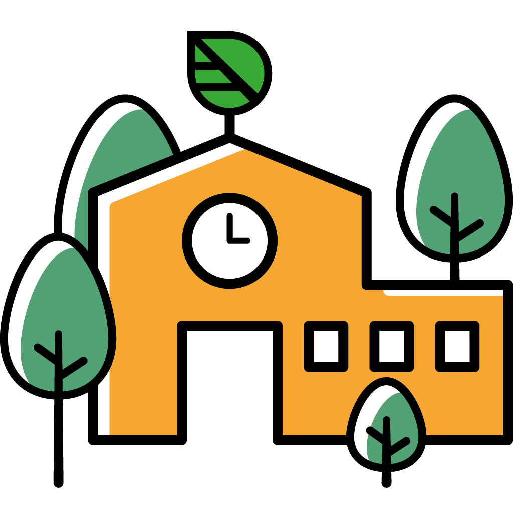 kuvituskuva: koulurakennus ja puita