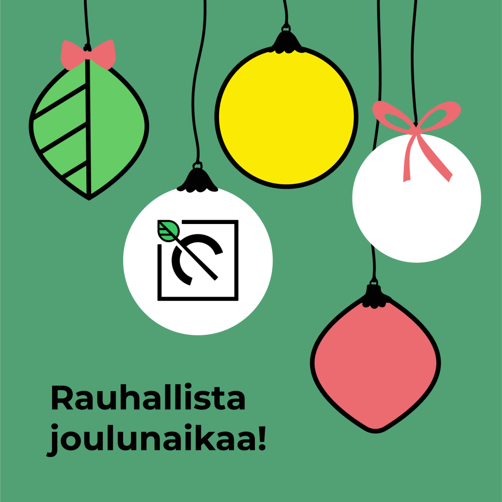Vihreällä taustalla eri värisiä joulupalloja. Yhdessä pallossa Hiilineutraali Pohjois-Savo -logo.