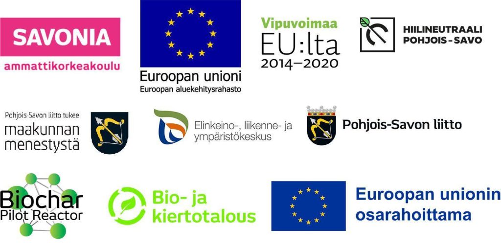 Logot: Savonia, EU:n aluekehitysrahasto, Vipuvoimaa EU:lta, Hiilineutraali Pohjois-Savo, Pohjois-Savon liitto, ELY-keskus, Biochar Pilot Reactor, Bio- ja kiertotalous, Euroopan unionin osarahoittama