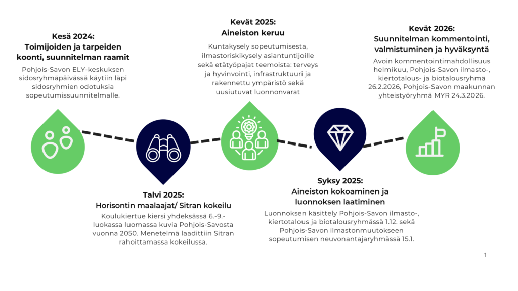 Kuvituskuva, jossa on polkumaisesti esitelty sopeutumissuunnitelman valmistelun eteneminen.