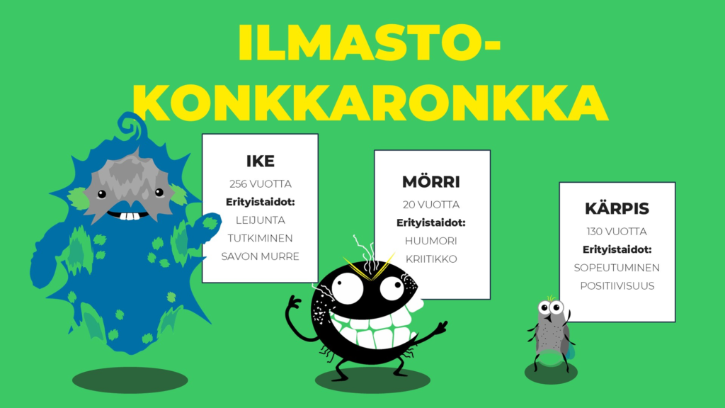 Ilmastokonkkaronkka piirroshahmot vieretysten. Jokaisen hahmon vieressä myös lyhyt kuvaus hahmon ominaisuuksista.