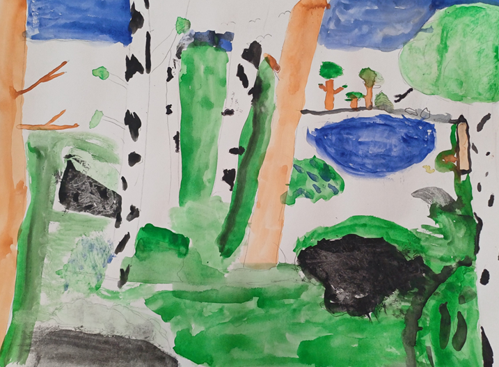 Vesivärimaalaus luonnosta: puunrunkoja, vettä ja vihreää luontoa.